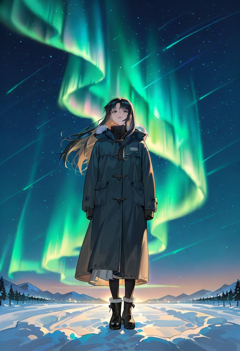 aurora borealis, aurora, starry sky, night,1girl,full body,winter clothes,black hair,