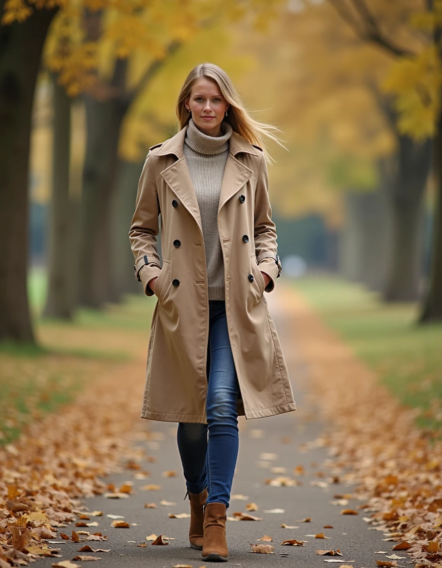 photo, melkrollflux,Walking through a park in autumn wearing a beige trench coat,  <lora:melkroll:1>