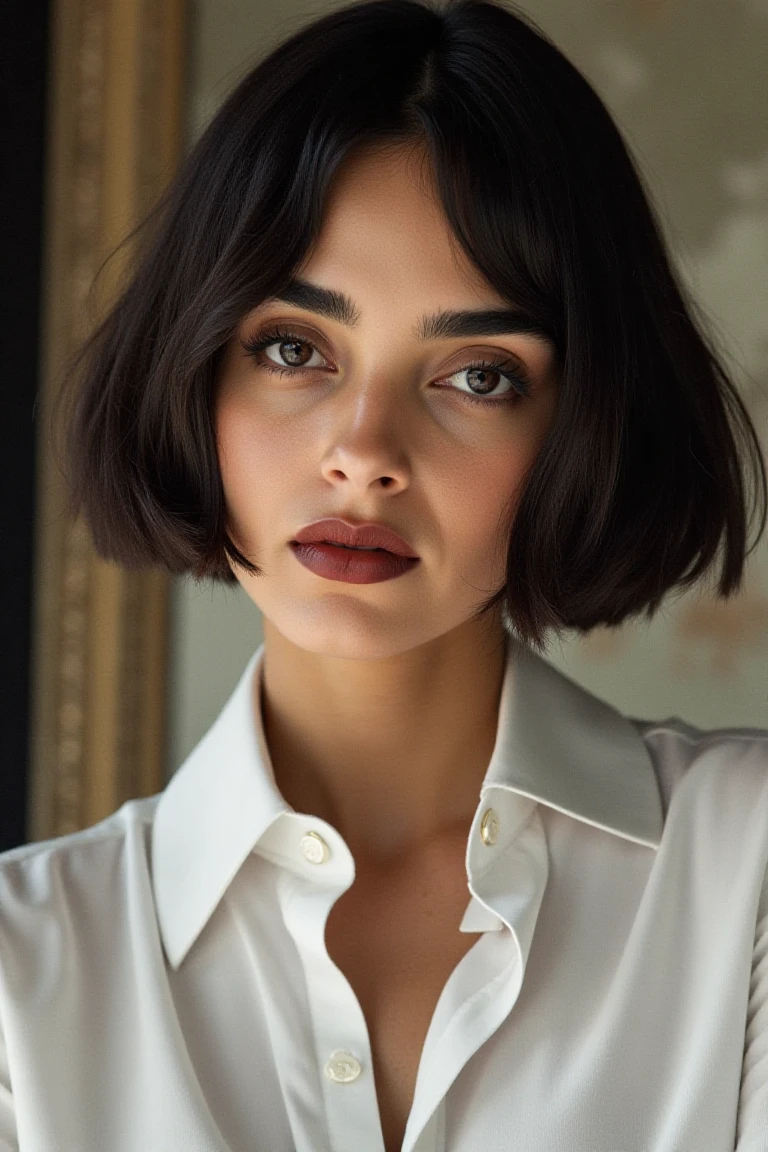 Best quality, masterpiece, ultra high res, (photorealistic:1.5), raw photo, 1 mature Greek girl, white kimono, in the dark, deep shadow, low key, cold light, sexy look, black medium hair with bangs (((black hair))), bright eyes, yin sanpaku eyes, eyeshadow, (((plain red background))), cinematic studio lighting