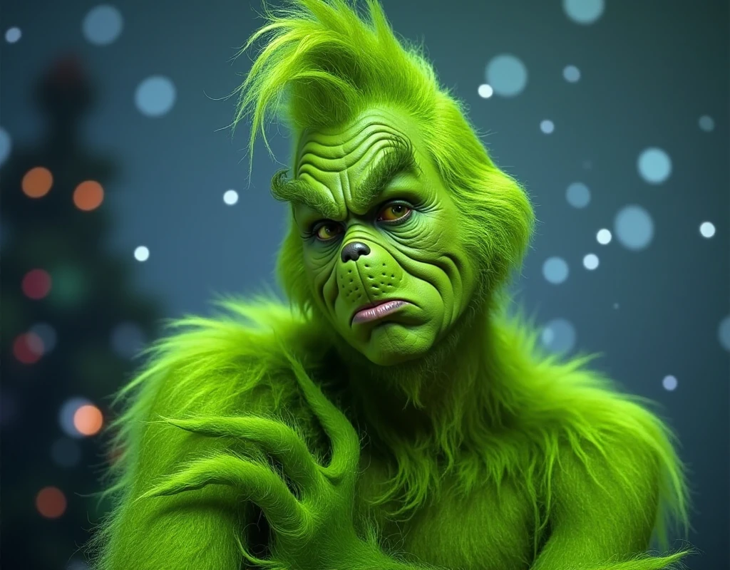 <lora:Grinch:0.9> grinch, full body ,green furry man wears . He chase kids away from the chrismas gifts