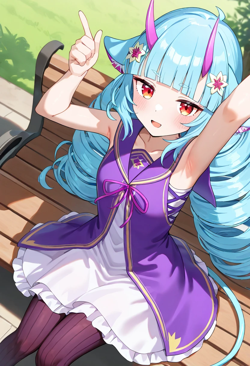 masterpiece,best quality,1girl,solo,delmin_(show_by_rock!!),very long hair,drill hair,blue hair,twin drills,blunt bangs,red eyes,horns,animal ears,hair ornament,tail,dress,sailor collar,sleeveless,pantyhose,<lora:derminil:0.8>,cowboy_shot,park,smile,dynamic_angle,looking_at_viewer,from_above,wind,sitting_on_bench,open mouth,armpits,arms_up,index_finger_raised,