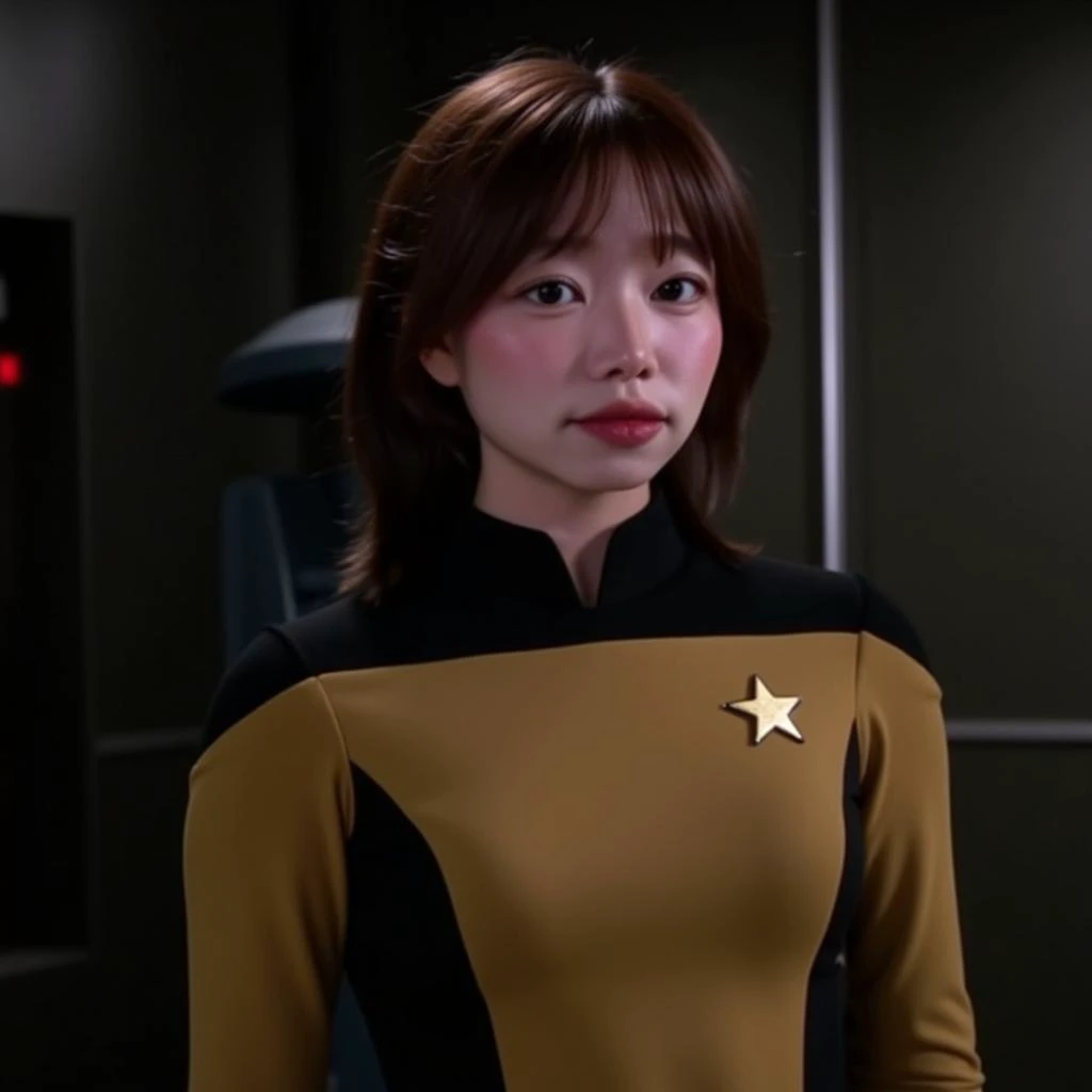 s_uaang \(person\), @s_uaang, Photo of a woman with short, dark brown hair, wearing a beige and black Starfleet uniform with a gold star emblem on the chest. She is standing in a dimly lit room with a blurred background. The lighting is soft and natural, casting gentle shadows on her face and body. The woman has a serious expression and is looking directly at the camera.  The image has a high-quality, professional feel.