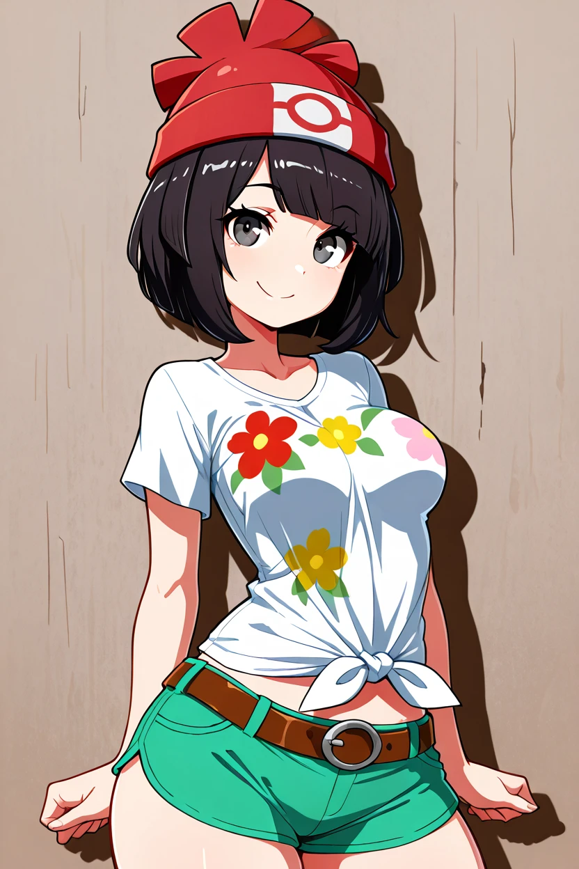 masterpiece, best quality, medium breasts,  BREAK, zzSelene, 1girl, solo, black hair, green shorts, red headwear, beanie, shirt, tied shirt, floral print, short hair, short sleeves, short shorts, striped, white shirt, belt, <lora:SeleneIXL:1.0>, smile, looking at viewer, cowboy shot,   <lora:LandidzuStyleIXL:1.0>,