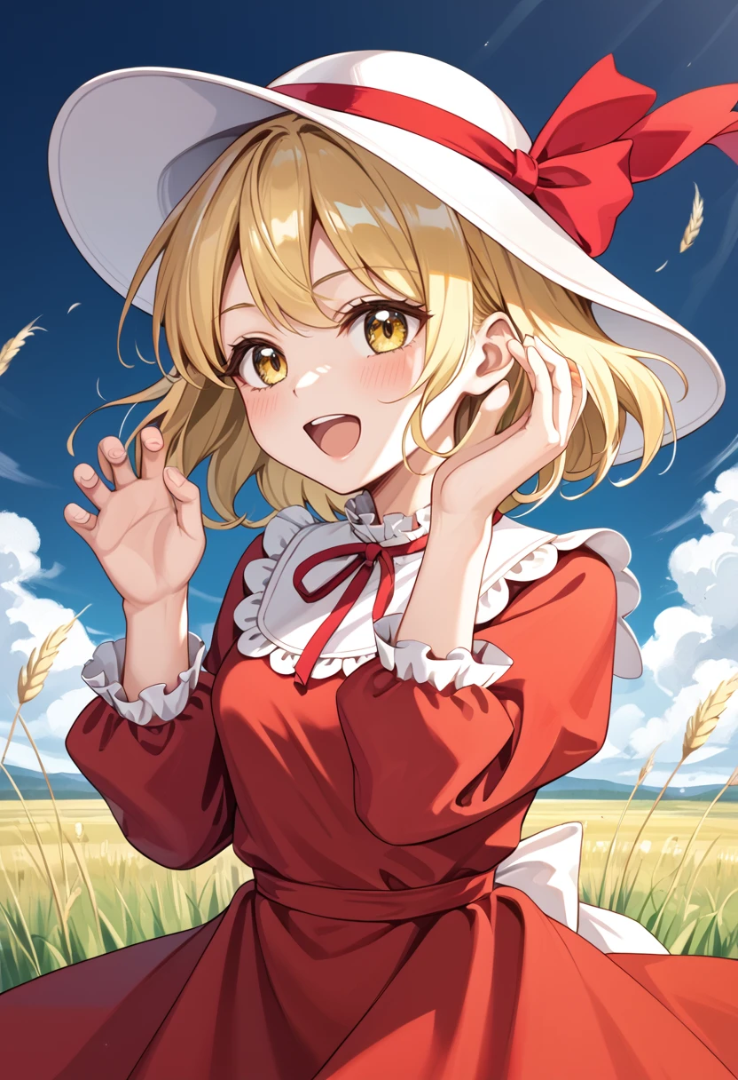 score_9_up, score_8_up, score_7_up, BREAK source_anime, (masterpiece), (best quality), 1 girl, elly, blonde hair, dress, hat, red ribbon, yellow eyes, long sleeves, red dress, short hair, T-pose, (from side:0.6), open mouth, grassfield, windy, <lora:elly(touhou)-V2:1>