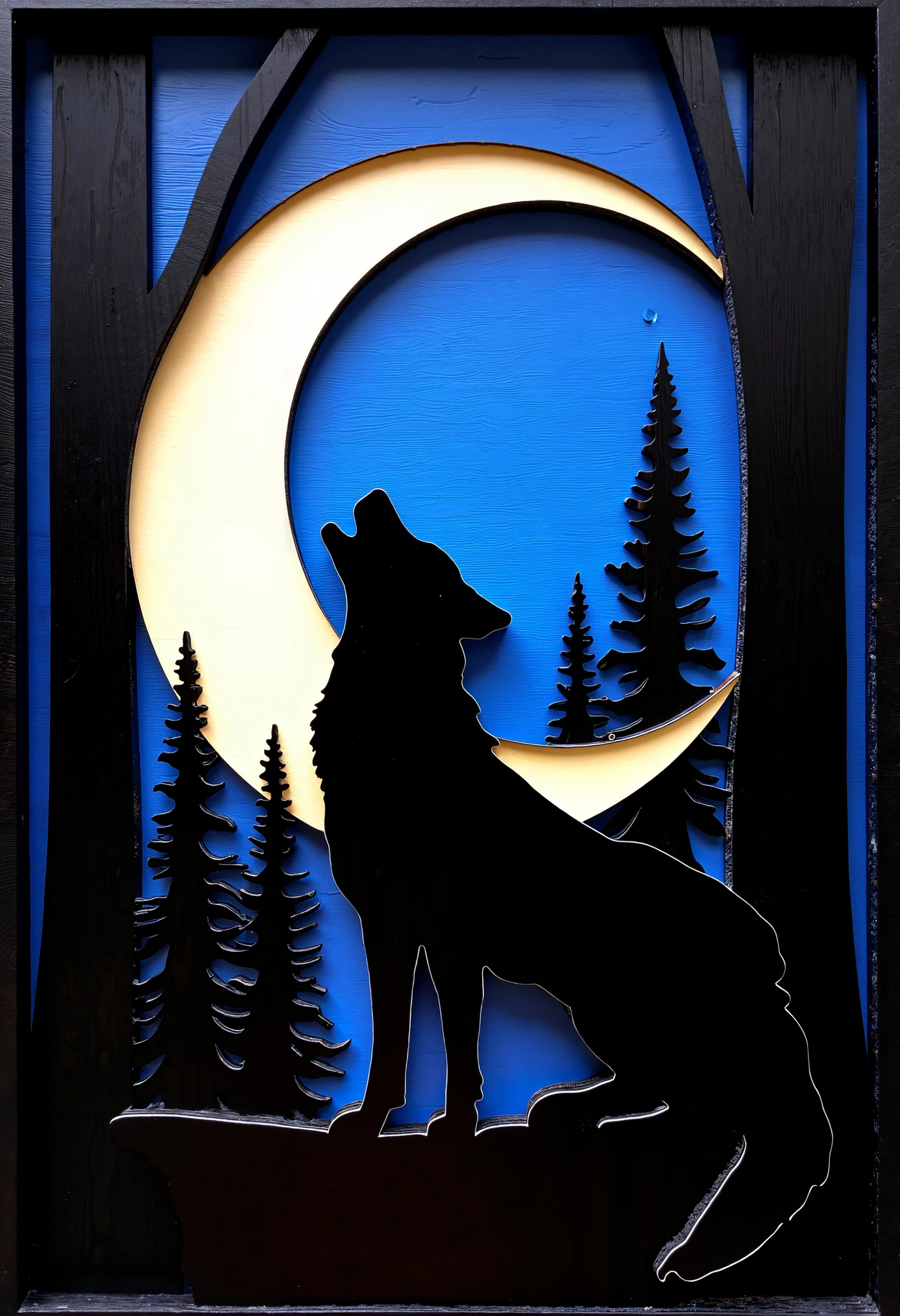 Laser cut, layered wood, a wolf howling at a crescent moon with a forest silhouette in the background. segmented gradient black and blue hued backdrop, borderless scene