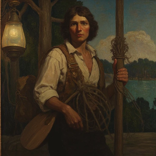 holding a fishing net and a paddle. In the background, and trees, and a light hanging from the ceiling. On the left side of the painting