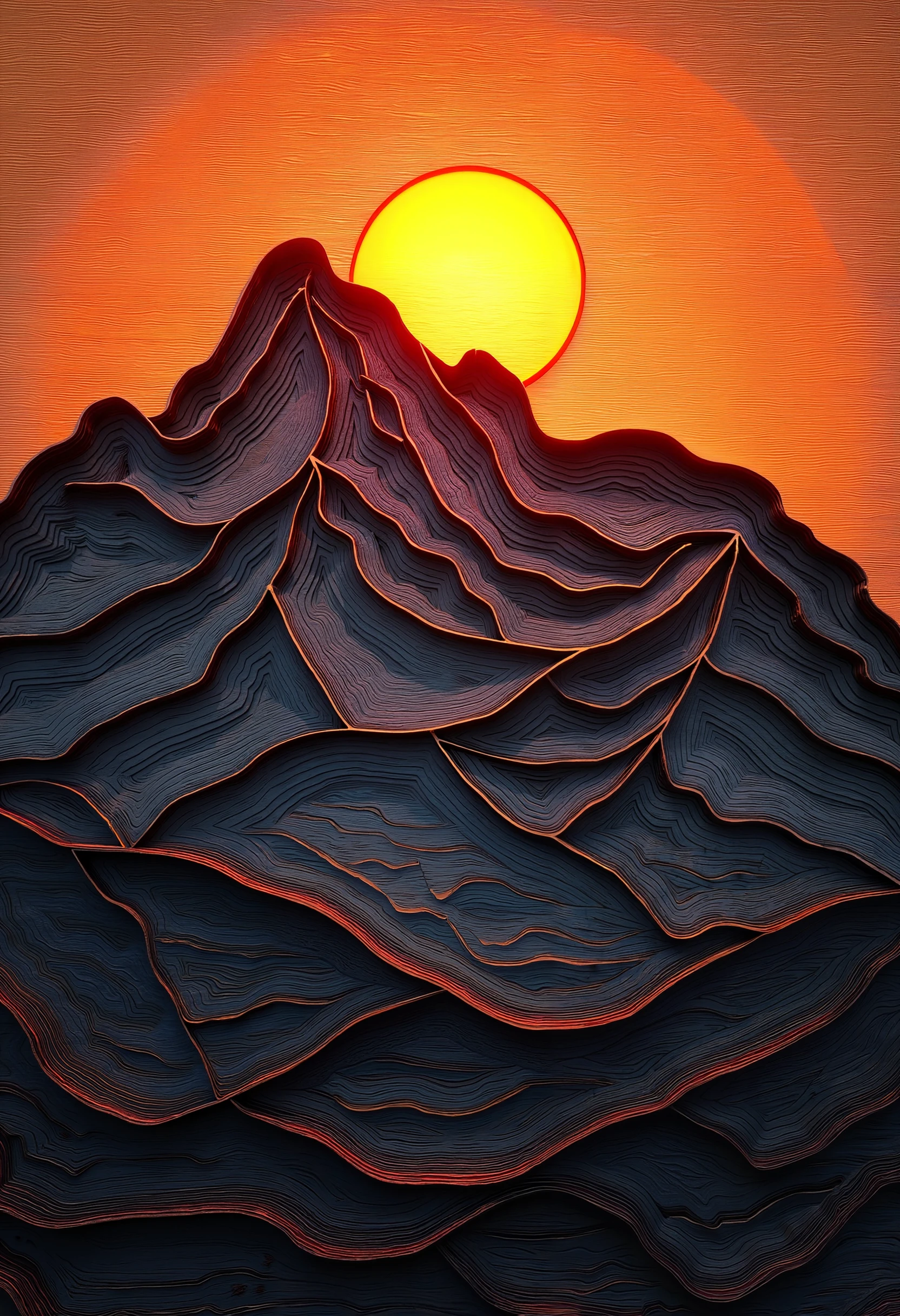 Laser cut, layered wood, a mountain range with a sunrise casting light on the peaks.