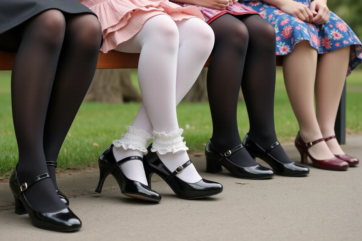 detail shot of the legs of five women sitting side by side on a bench in a park, in a diagonal vanishing point perspective. 
The first one is wearing a black skirt, black tights and black patent Mary Jane shoes with pointy toe and high block heel. 
The second is wearing white ruffled socks and black Mary Jane shoes with round toe and high stiletto heel.
The third is wearing a frilly pink dress and Mary Jane shoes with round toe, wide strap and low heel. 
The fourth is wearing black tights and black patent Mary Jane shoes with square toe, double strap and medium block heel. 
The fifth is wearing a blue and red flowered skirt and burgundy open-sided Mary Jane shoes with round toe and medium kitten heel. <lora:MaryJaneMerge_ties:1>