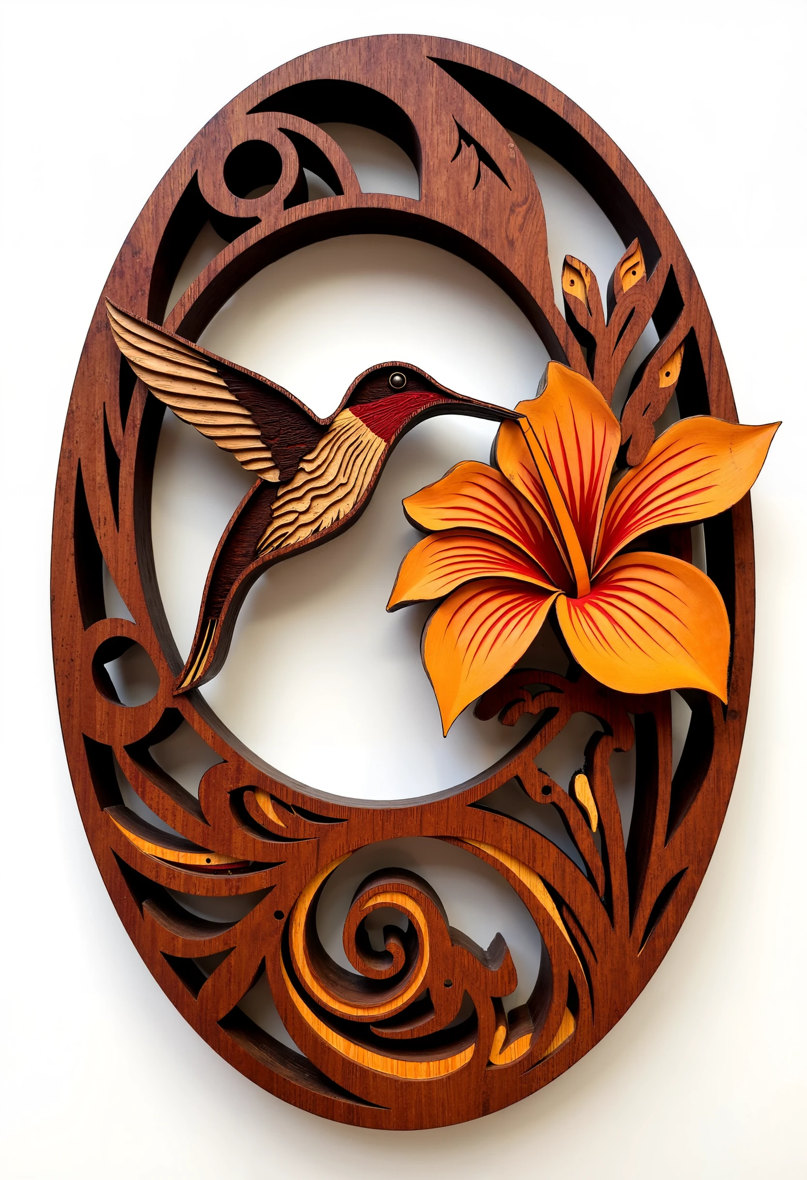 Laser cut, layered wood, a hummingbird drinking nectar from a vibrant flower.