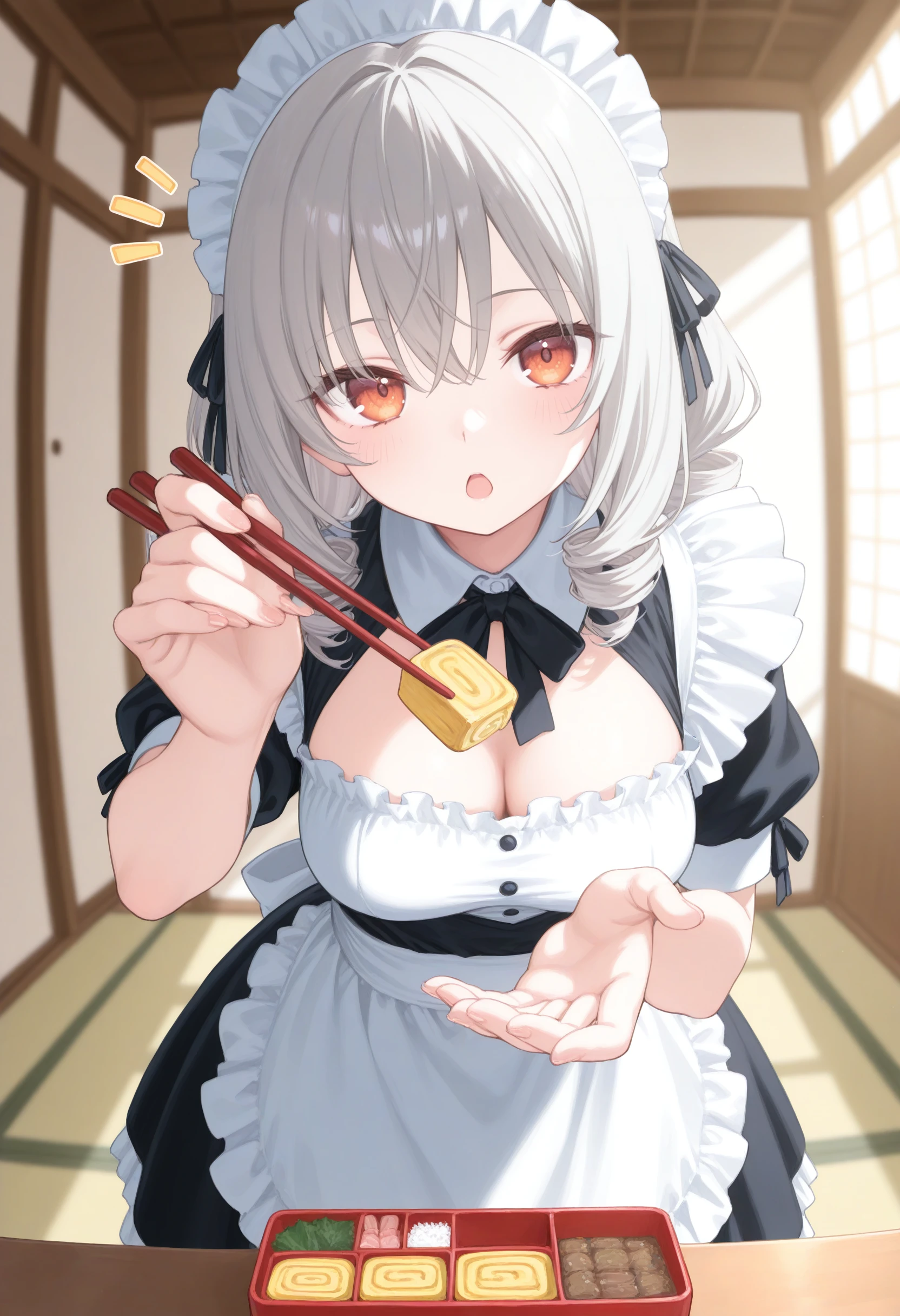 1girl,(sho \(sho lwlw\):0.7),(toosaka asagi:0.5),(sincos:0.3),solo,
masterpiece, best quality, newest, absurdres, CG, anime, source anime, illustration,
maid, maid headdress,medium breasts,
feeding,food, open mouth, incoming food, looking at viewer , <lora:feeding_Illust_v1:0.8>
bento, holding chopsticks, tamagoyaki,
from behind, cinematic angle, looking up, gray hair, orange eyes,^^^, japanese shrine, closed mouth, drill hair,