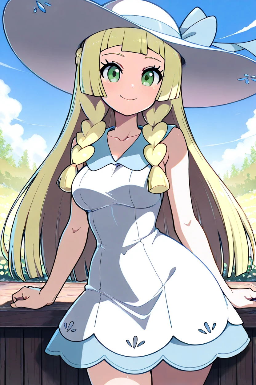 masterpiece, best quality, medium breasts,  BREAK, zzLillie, long hair, braid, sun hat, white headwear, collarbone, sleeveless dress, white dress, <lora:LilliePokemonIXL:1.0>, smile, looking at viewer, cowboy shot,   <lora:LandidzuStyleIXL:1.0>,