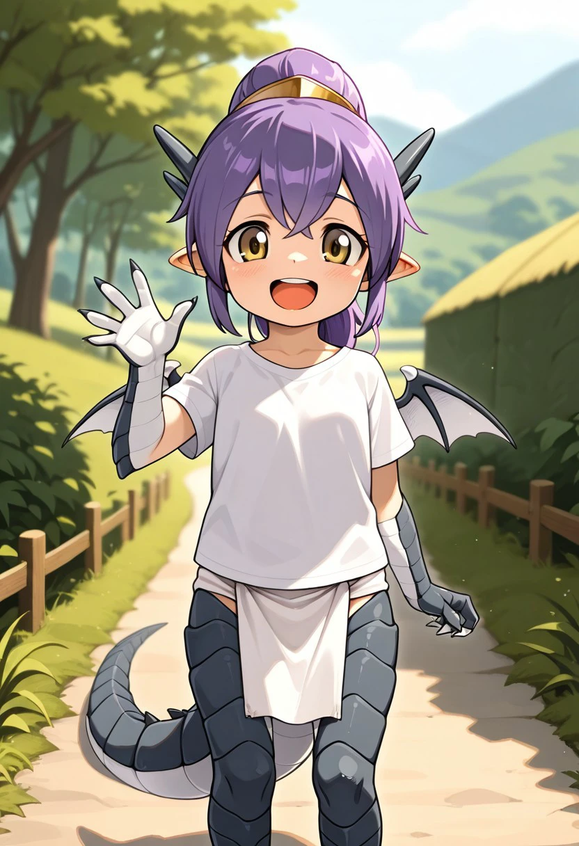 1girl, Papi, purple hair, pony tail, horns, yellow eyes, dragon tail, dragon girl, scales, dragon legs, claws, white shirt, white loincloth, tiny wings, older,
looking at viewer, standing, waving, happy,
masterpiece, best quality,amazing quality, very aesthetic, absurdres, depth of field, blurry background, extremely detailed face, detailed eyes