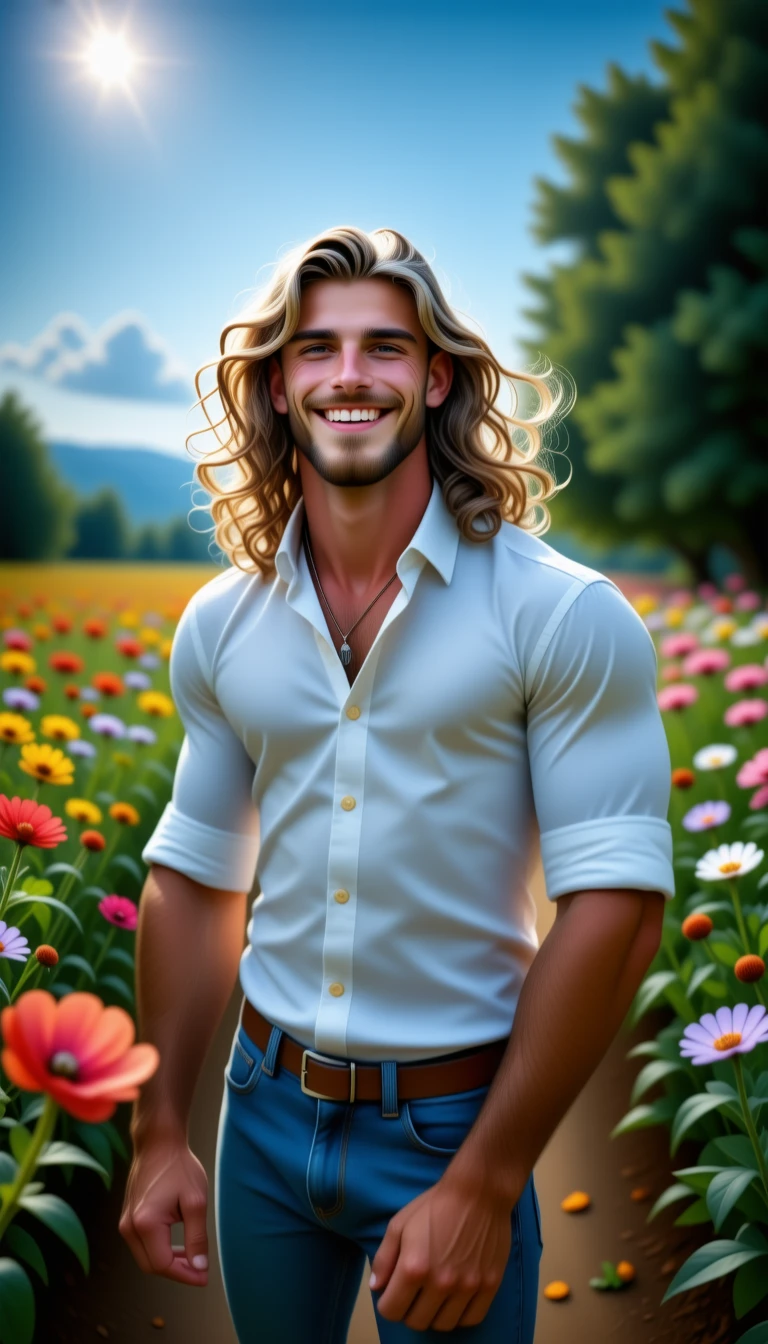 image of handsome lad, long wavy hair flowing with the wind, large white shirt, jeans, charismatic smile, short beard, in the flower field, blurry foreground and blurry background, colorful, motion blur, joy, alluring sky, lens flare