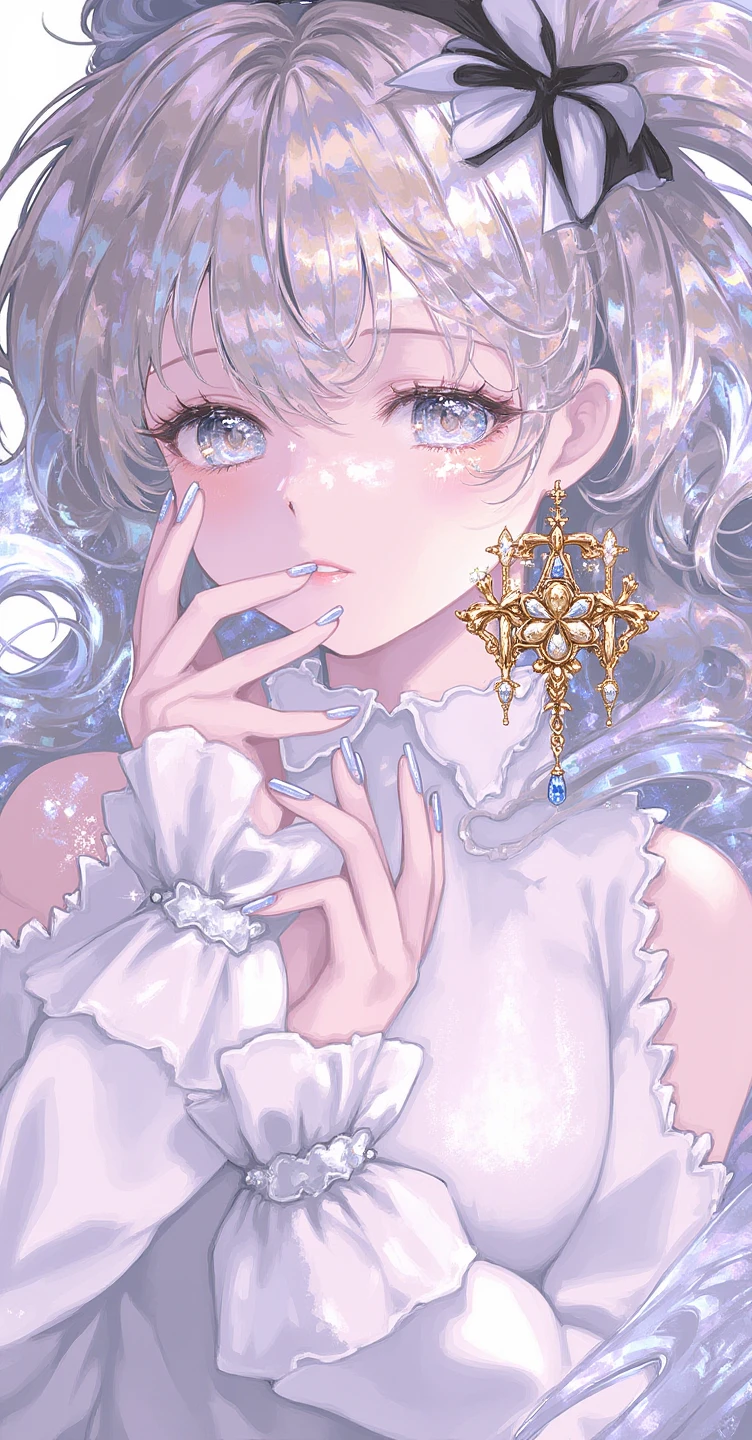 A fantasy-themed digital illustration. The overall style is detailed, with a emphasis on the play of light and the reflective qualities of the character's eyes and accessories. a cute girl 