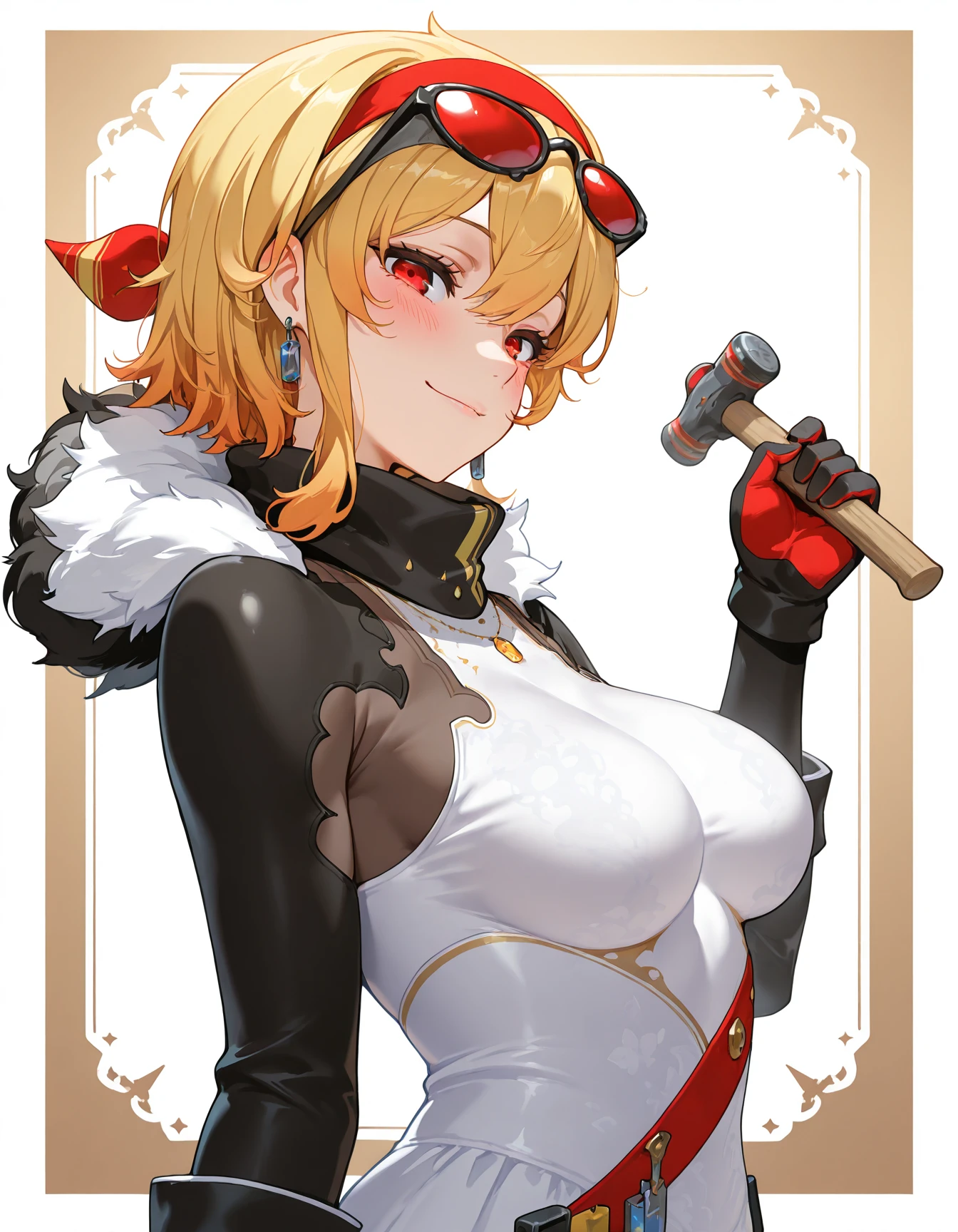 masterpiece, best quality, amazing quality,
<lora:kaelaIL:1>, 1girl, kaelaIL, kaeladef, eyewear on head, gloves, white dress, tinted eyewear, red-tinted eyewear, 1girl, solo, looking at viewer, blush, smile, medium breasts, dress, jewelry, upper body, hairband, earrings, medium hair, skin tight, red gloves, red hairband, hammer, red headband, mallet, holding hammer, light smile, border, unusually open eyes, from side,