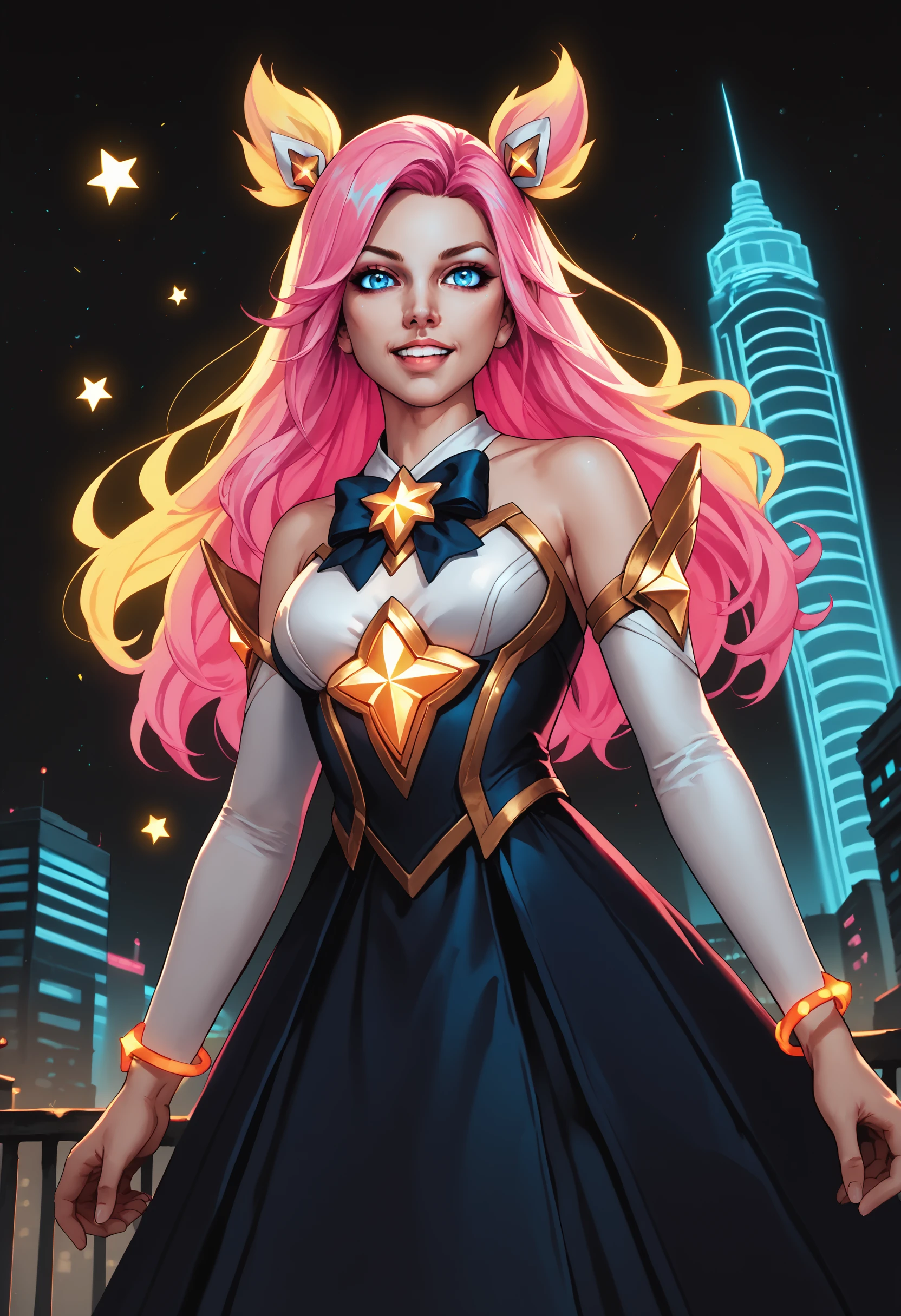 PonyXLV6_Scores 1girl, solo, long hair, looking at viewer, smile, blue eyes, skirt, blonde hair, bow, bare shoulders, jewelry, medium breasts, pink hair, hair bow, outdoors, detached sleeves, sky, teeth, shiny, bowtie, star (symbol), shiny hair, bracelet, building, city, star guardian (league of legends), cinematic angle, cinematic lighting,   NeonPal_PDXL