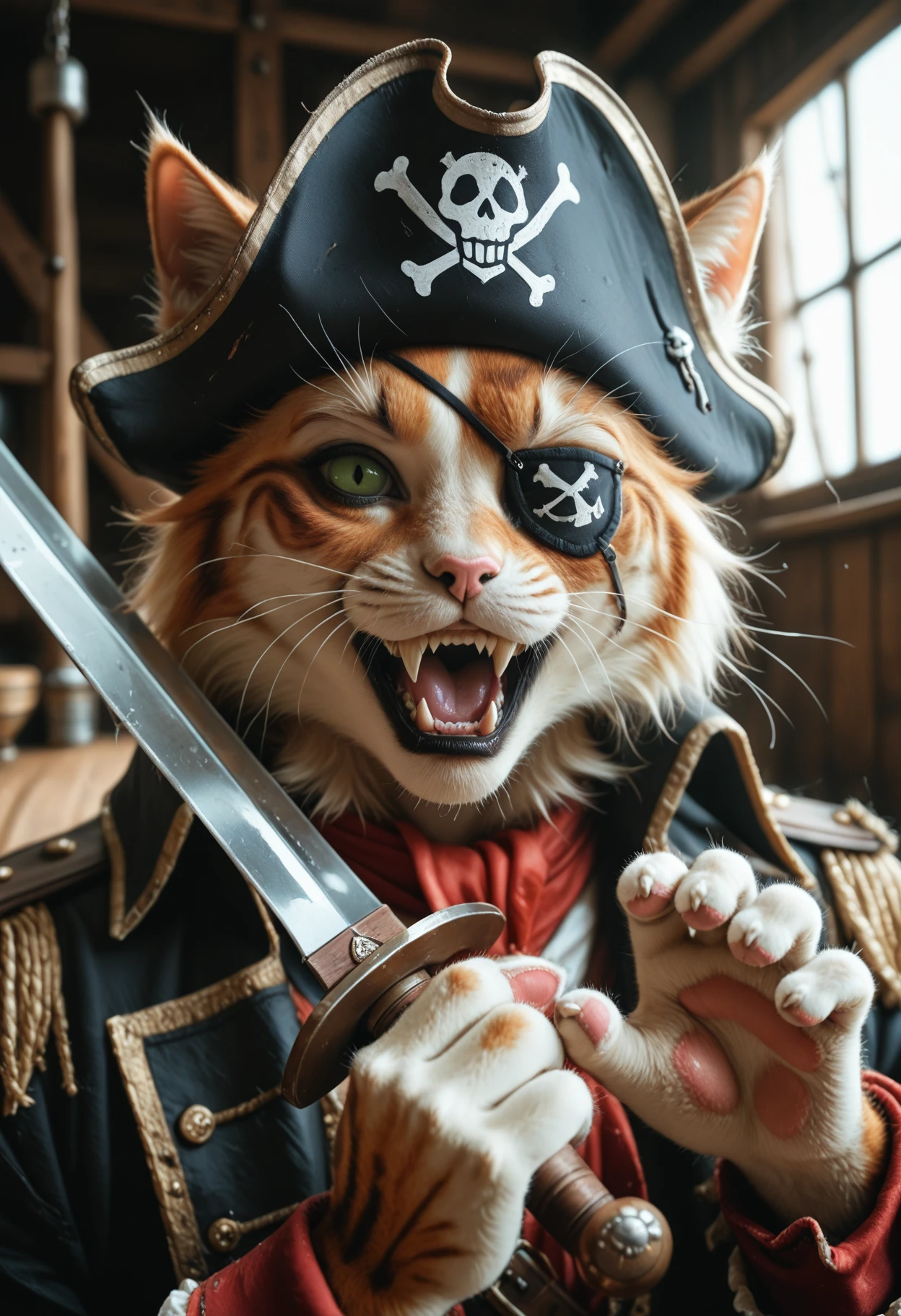 kftenhance, masterpiece, best quality, amazing quality, realistic, 1boy, solo, anthro, furry, cat, pirate captain, evil, fangs, eyepatch, holding sword, pirate ship, paws, cat ears, portrait