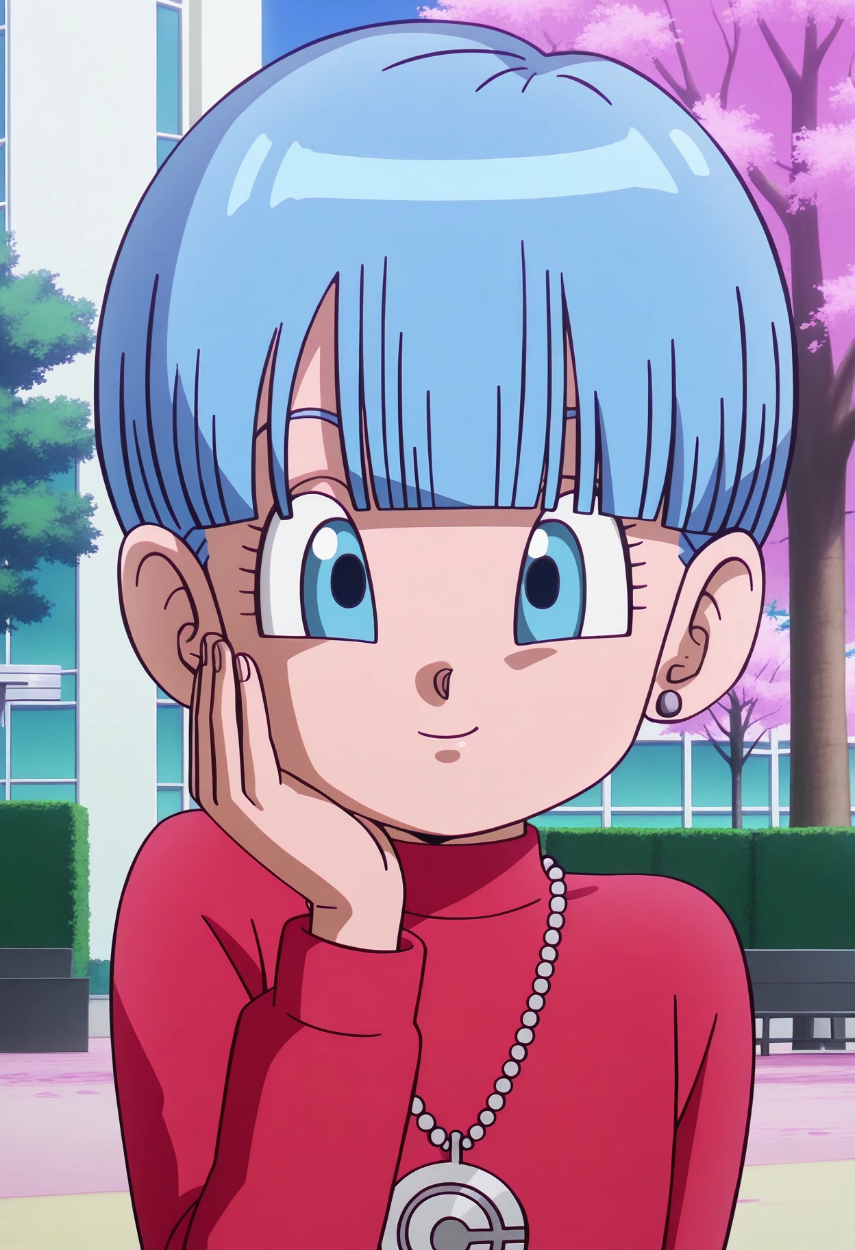 anime screencap,8k, absurd res, 1girl, solo, looking at viewer,blue hair,short hair,blue eyes,wearing a red sweater,upper body,hand on own face,necklace,outdoors,detailed background,park,dragon_ball_daima,  <lora:bulma_(dragon_ball_daima):1>