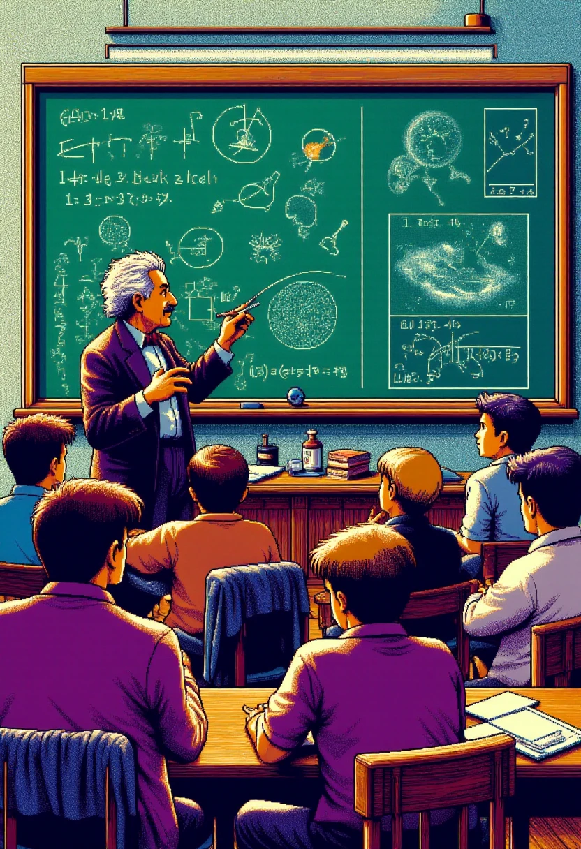 <lora:PC-98_Style_FLUXCaption:0.9>
The image is a vibrant, pc98style pixelated digital artwork of  Albert Einstein teaching in front of a chalkboard in a classroom full of students