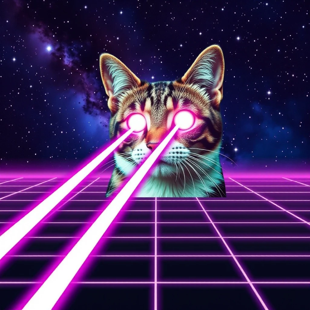 vaporwave style LASERCAT,LASER FUTURAMA BENDER WITH PARALLEL LASER BEAMS COMING FROM ITS EYES,<lora:LASERCAT_Flux_v1:1>, . retro, neon, pixelated, nostalgic