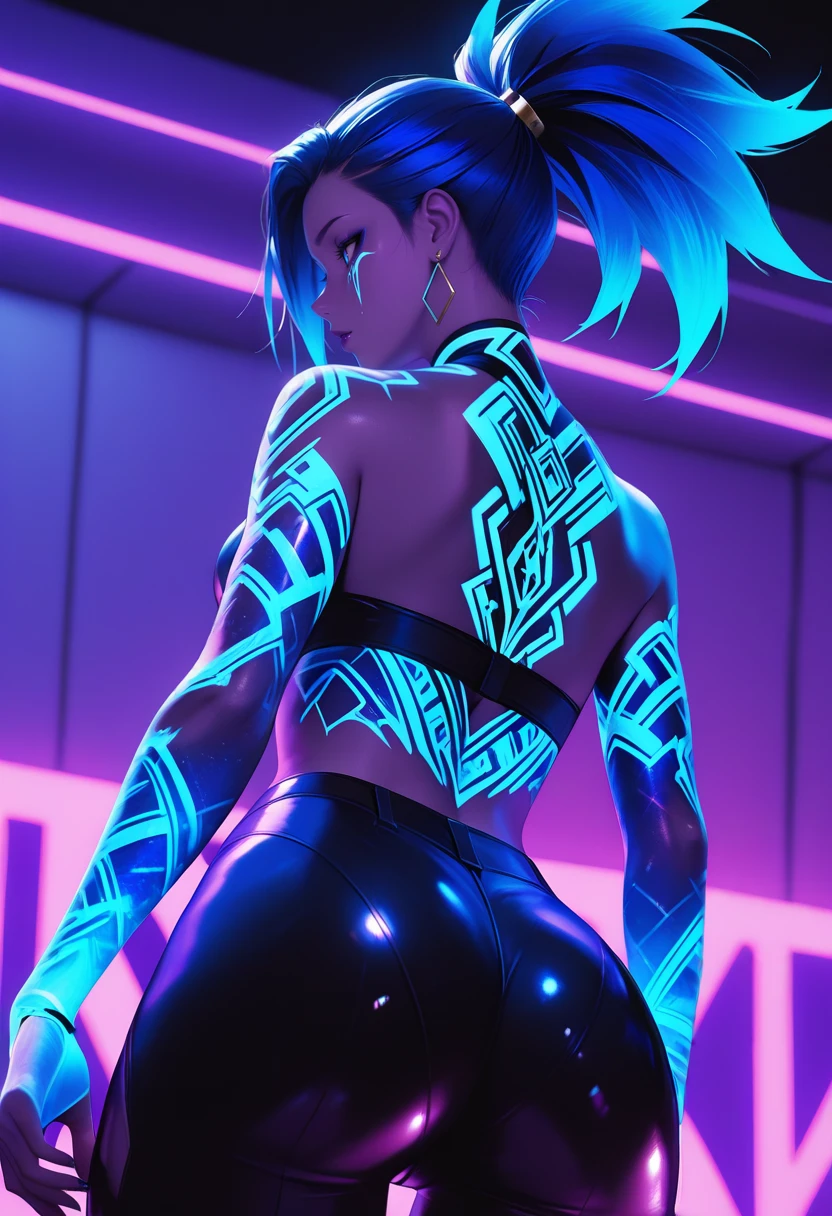 (masterpiece), (best quality), masterwork, 3d render,  1girl, k/da all out akali, purple skin, blacklight, neon body paint, neon tattoos, glow, nightclub, masterpiece, best quality, absurdres, hyper-detailed, raytracing, masterful composition, dynamic movement, low light, dark, dim, cinematic lighting, high contrast, rim lighting, ray_tracing, global illumination, glow