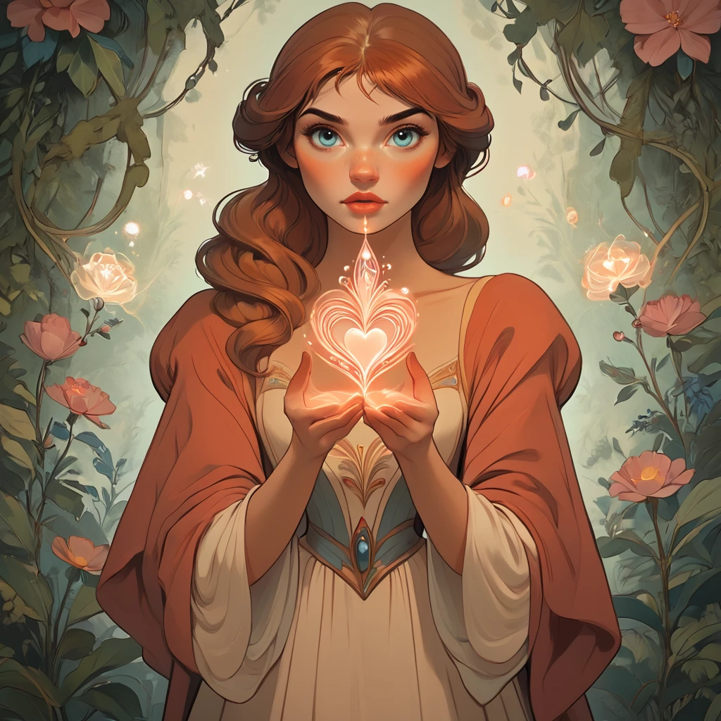 score_9, score_8_up, score_7_up, score_6_up, BREAK <lora:Disney_NouveauPony:1> ArsMJStyle, Disney Nouveau, The image shows a woman with long red hair holding a heart in her hands surrounded by plants and flowers. She appears to be a princess with a regal and majestic look on her face., 1girl, solo, long hair, brown hair, flower, blue eyes, looking at viewer, dress, magic, lips