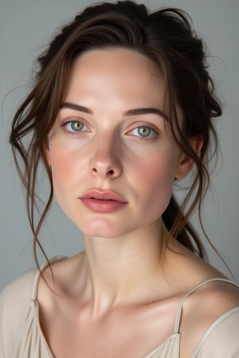 High quality realistic beauty shot of rebflx. A close-up shot of a woman. She is wearing a camisole blouse. Her lips are a light pink color. Her hair is tousled. The backdrop is a light gray.