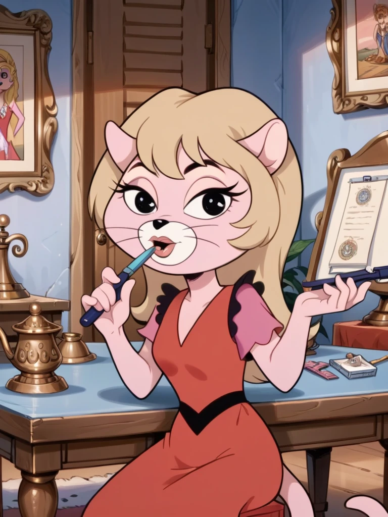 score_9, score_8_up, score_7_up, score_6_up, score_5_up, score_4_up, source_furry, Kitty_Glitter, blonde hair, long hair, pink fur, red dress, bedroom, vanity table, applying makeup, detailed face, detailed eyes, detailed background, <lora:kitty-glitter-v1:1.0>