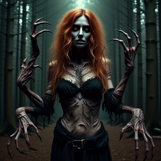 This is a highly detailed, dramatic photograph of a woman  born of nightmares, with twisted limbs  contorted with a striking, otherworldly appearance, set in a dense, misty forest. The woman has long, unkempt, curly red hair and pale, gaunt skin. Her eyes are wide open, with a haunting, almost ethereal glow, giving her a supernatural appearance. Her face is painted with dark, smudged makeup, enhancing the eerie atmosphere.