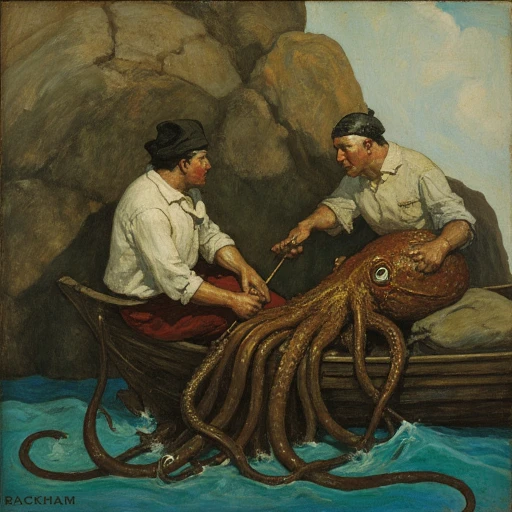 The image shows a painting of two men in a boat with an octopus, surrounded by water and a rock in the background. The painting is titled "The Octopus and the Man in the Boat" by Arthur Rackham. The men are in the boat, there is some text.