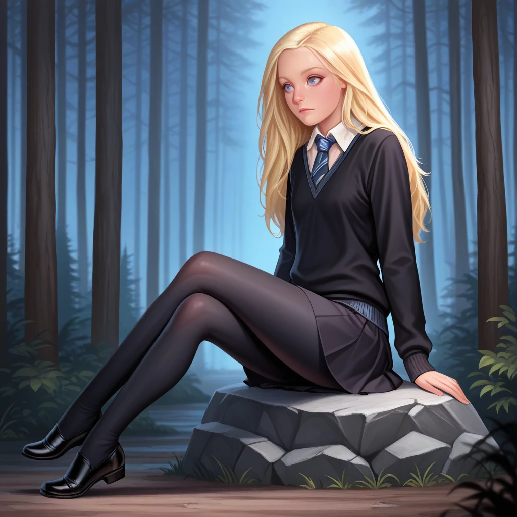 masterpiece, best quality, LunaLovegood, 1girl, solo, blonde hair, long hair, blue eyes, necktie, white shirt, black sweater, school uniform, hogwarts school uniform, skirt, black pantyhose, black footwear,  <lora:LunaLovegood_illustrious_Leaf2:1>, forest, sitting on rock,  realistic,