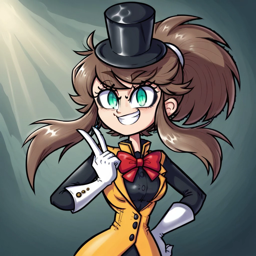 score_9, score_8_up, score_7_up BREAK radicalsoda, poppy, 1girl, smiling, v, brown hair, long hair, green eyes, (top hat), white gloves, hat, ponytail, white gloves, red bowtie, yellow jacket, black shirt, buttons, (black sleeves), hand on hip