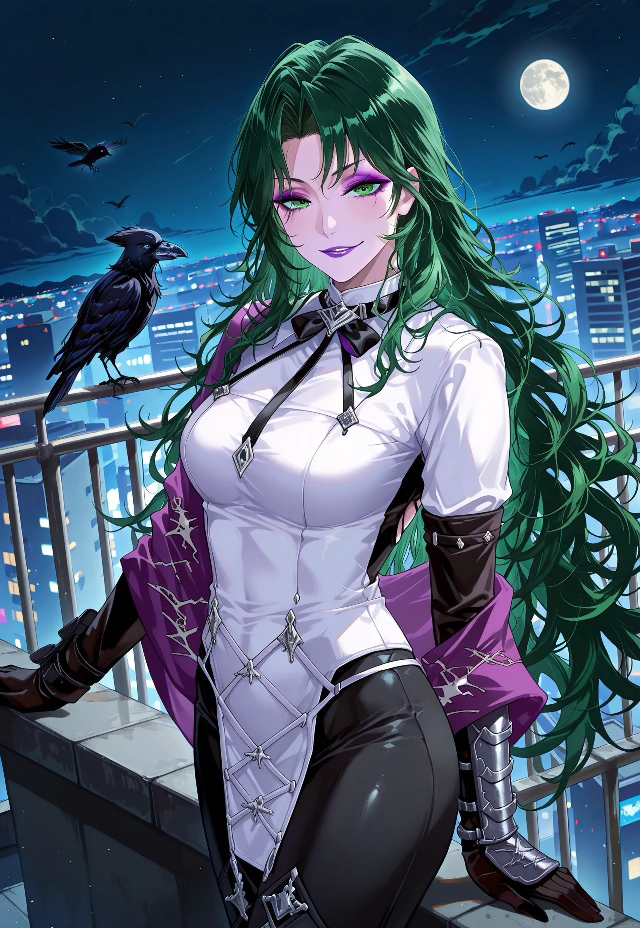 masterpiece,best quality,amazing quality, Dutch angle, from side, solo, mature female, ravenptn, green hair, parted bangs, very long hair, green eyes, eyeshadow, purple lips, shawl, uniform dress, waist leggings, Bow collar, right elbow glove, left arm bracer, outdoors, seated on rooftop, overlooking a city, night, moon, single crow, smirk, parted lips, looking at viewer