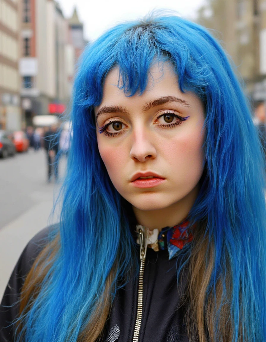 <lora:ashnikko-flux-000015:1> her, the, woman, and, has, blue, hair, ashnikko1  <lora:60s_flux:1> 60slora posing for a photo in the street