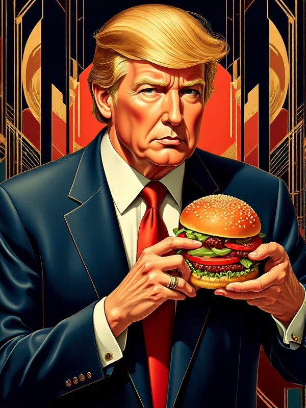 <lora:Art_Deco_Style:0.9> art deco style, donald trump holds a burger