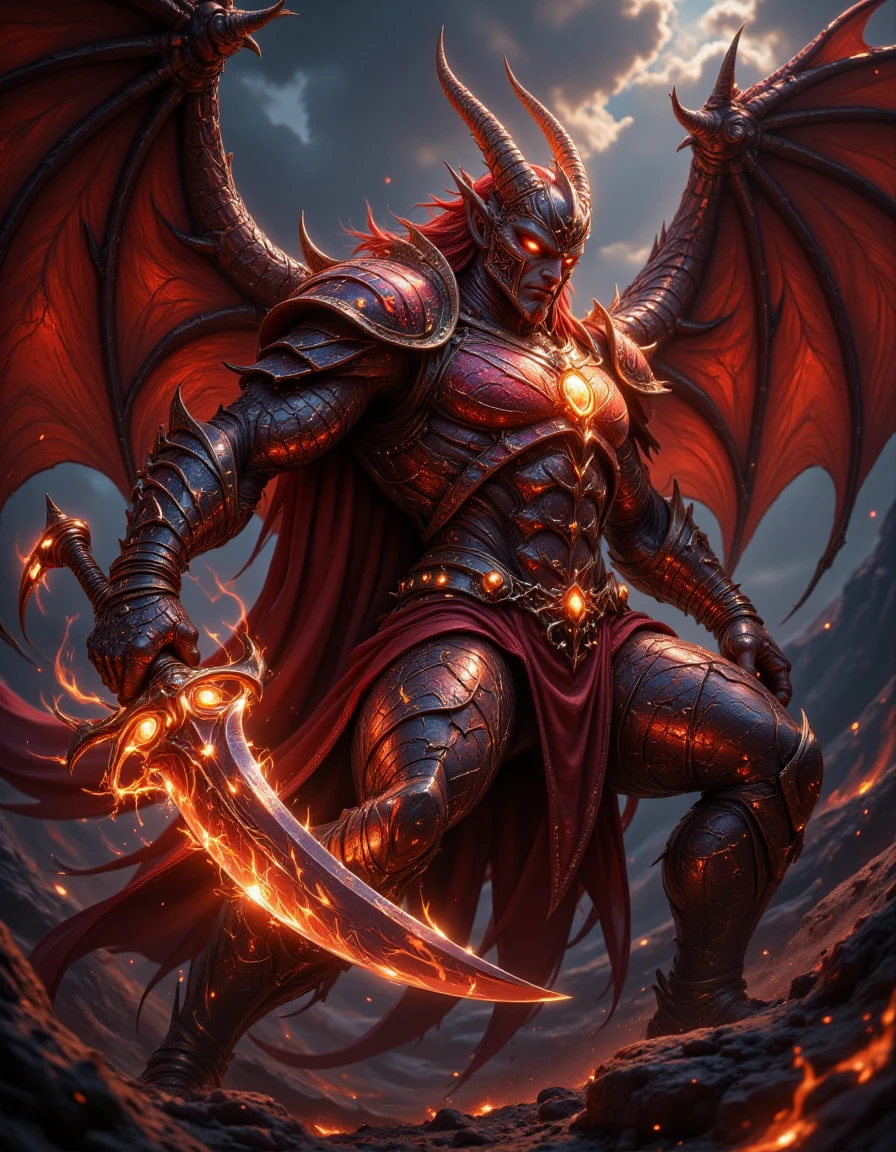 A powerful dragonborn warrior in battle stance. Scales glisten in shades of crimson and gold. Heavy plate armor with draconic motifs. Wielding a massive greatsword wreathed in flames. Steam escapes from nostrils, eyes blaze with inner fire. Background of a war-torn battlefield. Dynamic pose, dramatic lighting, hyper-detailed textures.