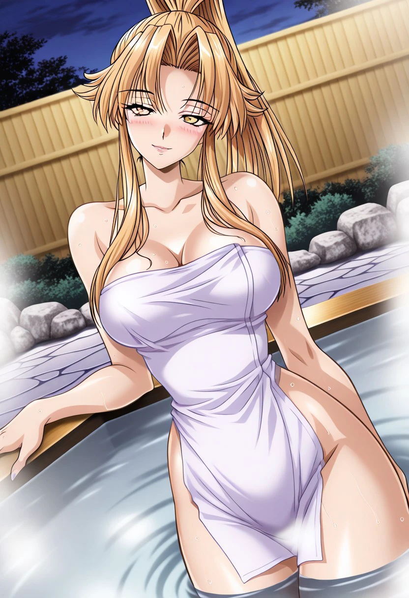 masterpiece, best quality, newest, highres, uncensored, 1girl, yokota mamoru style,1girl, slender face，motion lines,looking at the viewers,torogao,seductive smile,blush,bdsm
Kitagawa Junko,Honey Blonde Hair, Ponytail, Waist Length Hair,Amber Eyes,
outdoors, onsen, towel, naked towel, steam, bathing, nude cover, partially submerged, water, bath, steam censor, wet towel, blush, looking at viewer, solo,, cowboy shot, dutch angle