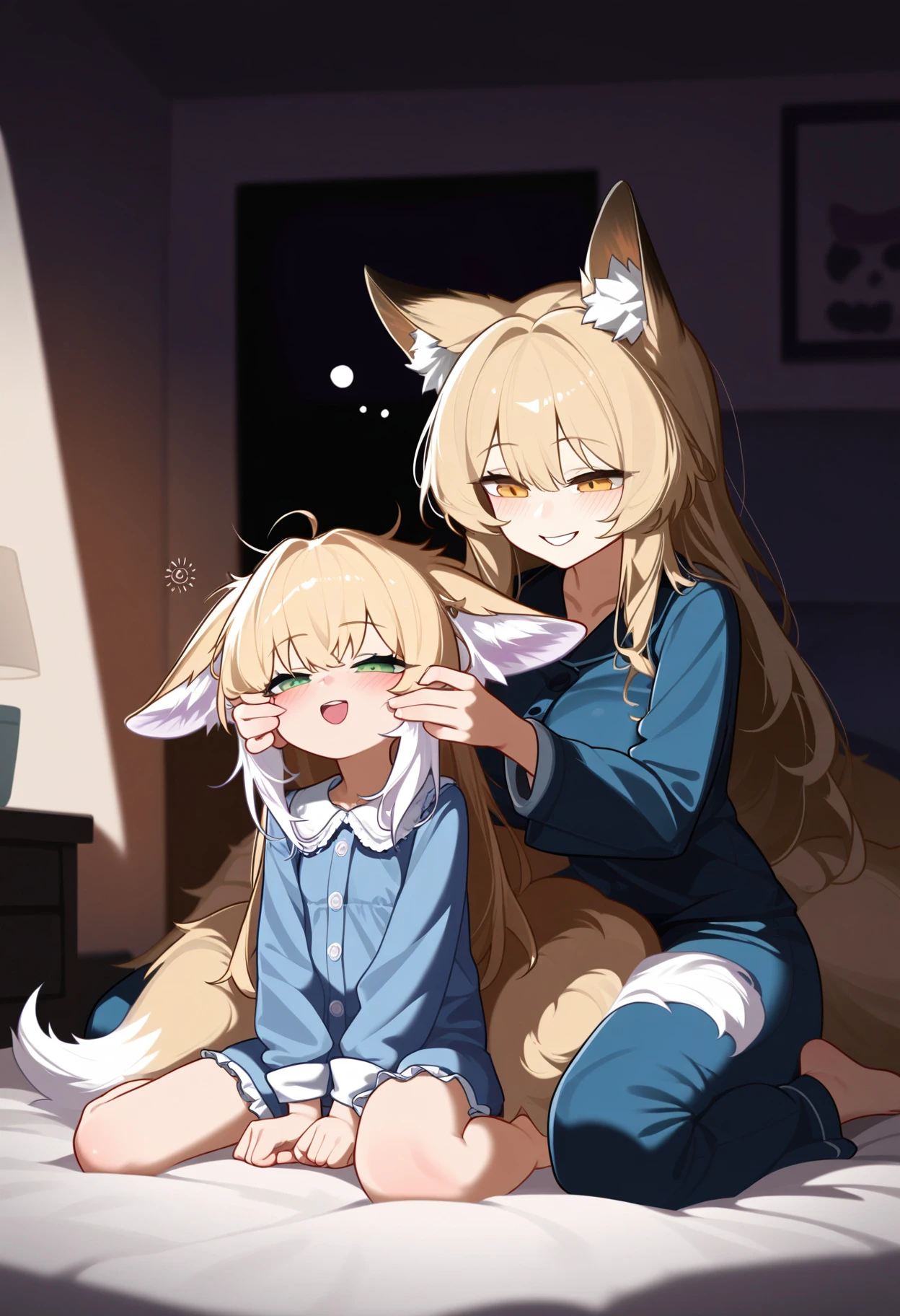 masterpiece, best quality, by antifreez3, (by ddddecade:0.7),
2girls, mother and daughter, size difference, squeezing cheeks,
vulpisfoglia \(arknights\), fox girl, fox ears, ears down, yellow eyes, fox tail, (braid:0.8), nightgown, wariza, smile, excited
suzuran \(arknights\), fox girl, kitsune, fox ears, green eyes,blush, blue pajamas, sleepy, half-closed eyes, 
on bed, indoors, living room interior, vulpisfoglia with excited expression squeezing cheeks of sleepy suzuran, dusk, dimly lit room <lora:rouwei_neg_by pfc:0.5>