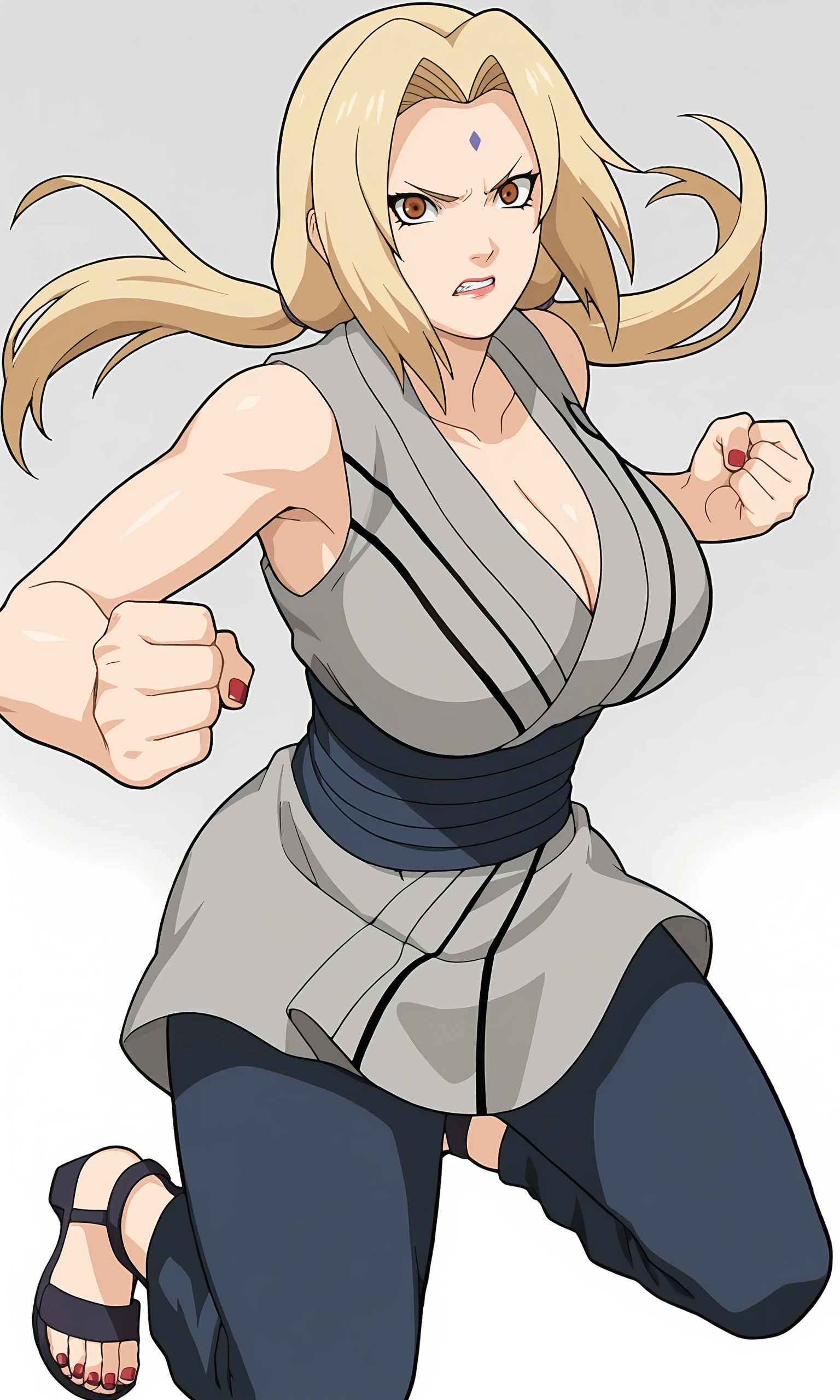 score_9, score_8_up, score_7_up,
tsu, 1girl, tsunade (naruto), (looking at viewer), blonde hair, low twintails, forehead mark, brown eyes, large breasts, grey kimono, sleeveless kimono, blue pants, sandals, cleavage, red nails, 
kicking, bent one leg, 
serious, parted lips,clenched teeth, clenched hands, 
simple background, perfect lighting,
<lora:tsunade_PXL:1>