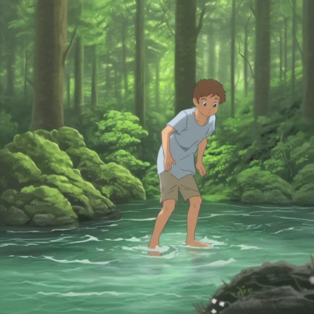 boy, solo, no shirt, barefoot, forest,Wading,Ankle deep water, feet in water, in shallow water,