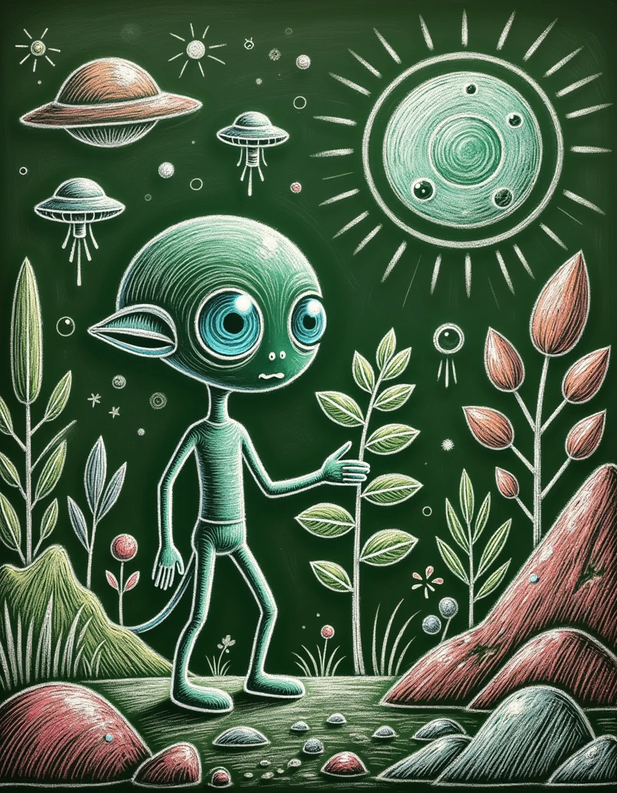 ch4lkb04rd A chalk drawing of An alien botanist, with delicate, bioluminescent skin and large, inquisitive eyes, studies a glowing plant on a distant, unexplored planet. The botanistâs tools are advanced, with floating drones that analyze the plantâs properties. The landscape around them is lush with strange, colorful vegetation and floating, jellyfish-like creatures
 <lora:chalkboard:0.8>