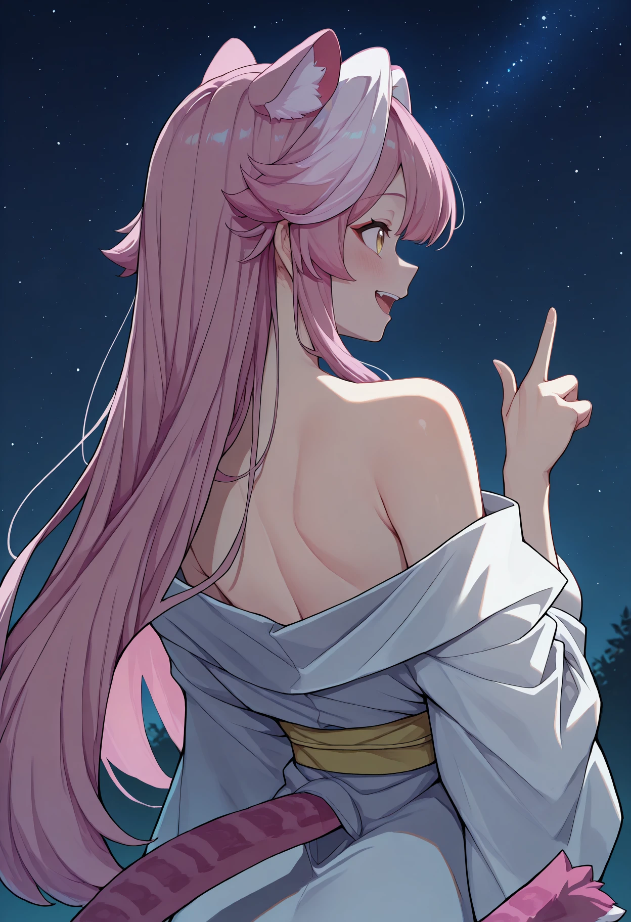 masterpiece, best quality, 1girl, solo, RaoraPanthera, yellow eyes, cat ears, pink hair, single white streak, long hair, cat tail, from behind, kimono, off shoulder, bare shoulders, shoulder blades, nape, looking back, :d, happy, blush, pointing up, starry sky, night, outdoors, <lora:ChamRaoraPantheraIllustriousXL:1>