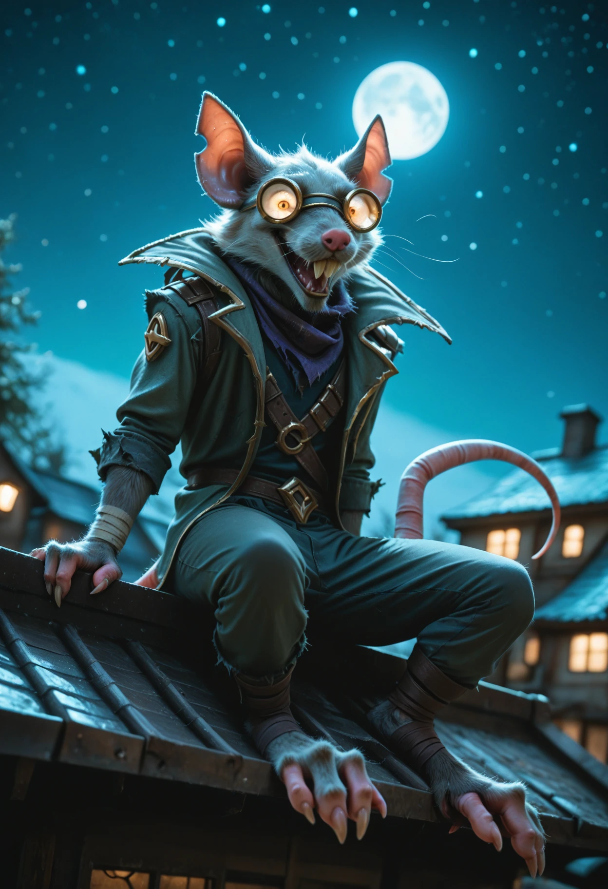 kftenhance, masterpiece, best quality, amazing quality, realistic, 1boy, furry anthro , TwitchLoL,,Twitch_\(League of Legends\),Rat,rodent,googles,, 1boy, solo, male,male focus,,dark,night,dynamic angle,sitting on edge of roof,looking down,crazy expression