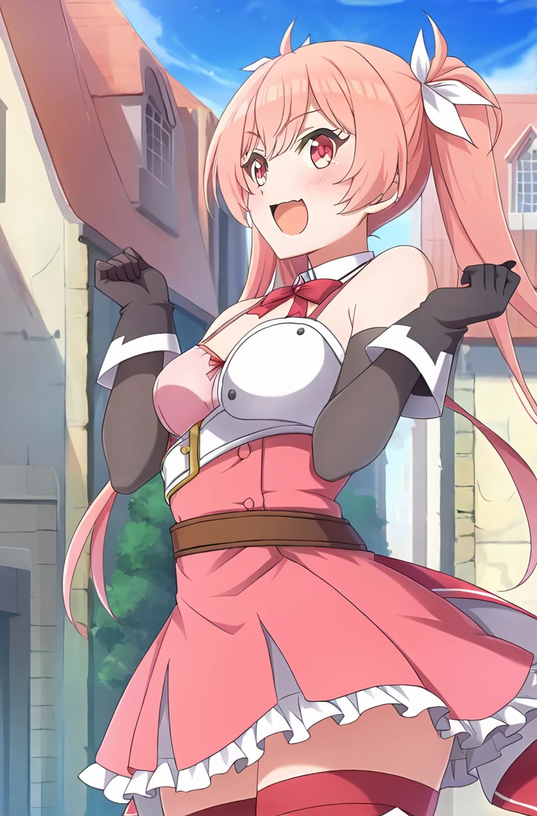 Anime screencap,masterpiece,best quality, 1girl, solo, Erika-Liver020-Wattpad, pink hair, bangs, pink skirt, hair ribbon, frills, pink eyes, thighhighs, white belt, brown belt, bowtie, ribbon, black gloves, twintails, detached sleeves, black sleeves, suspenders, detached collar, long stockings, pink stockings, pink bra, pink skirt, white half-chest armor