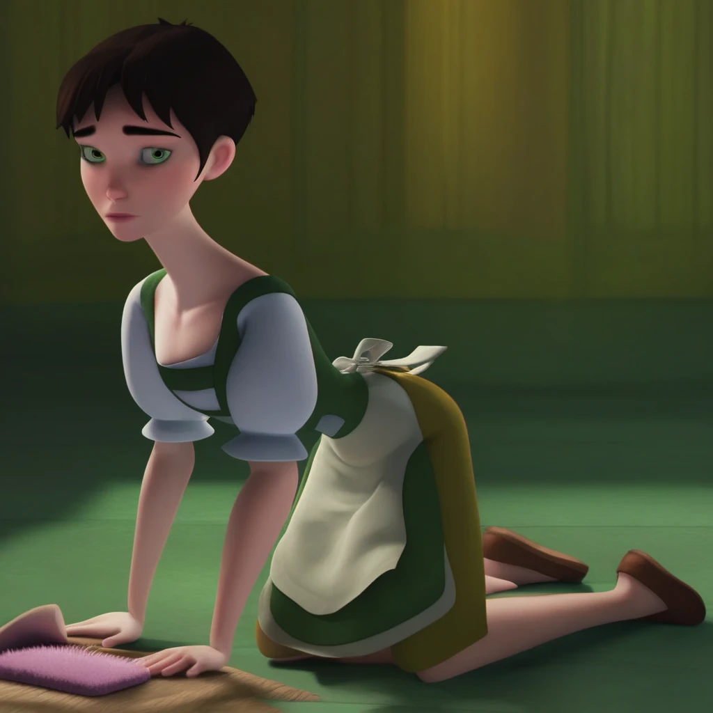 score_9, solo, ella_hna, 1girl, short hair, brown hair, green eyes, dress, waist apron, on all fours, floor, sideview, cleaning, looking at viewer