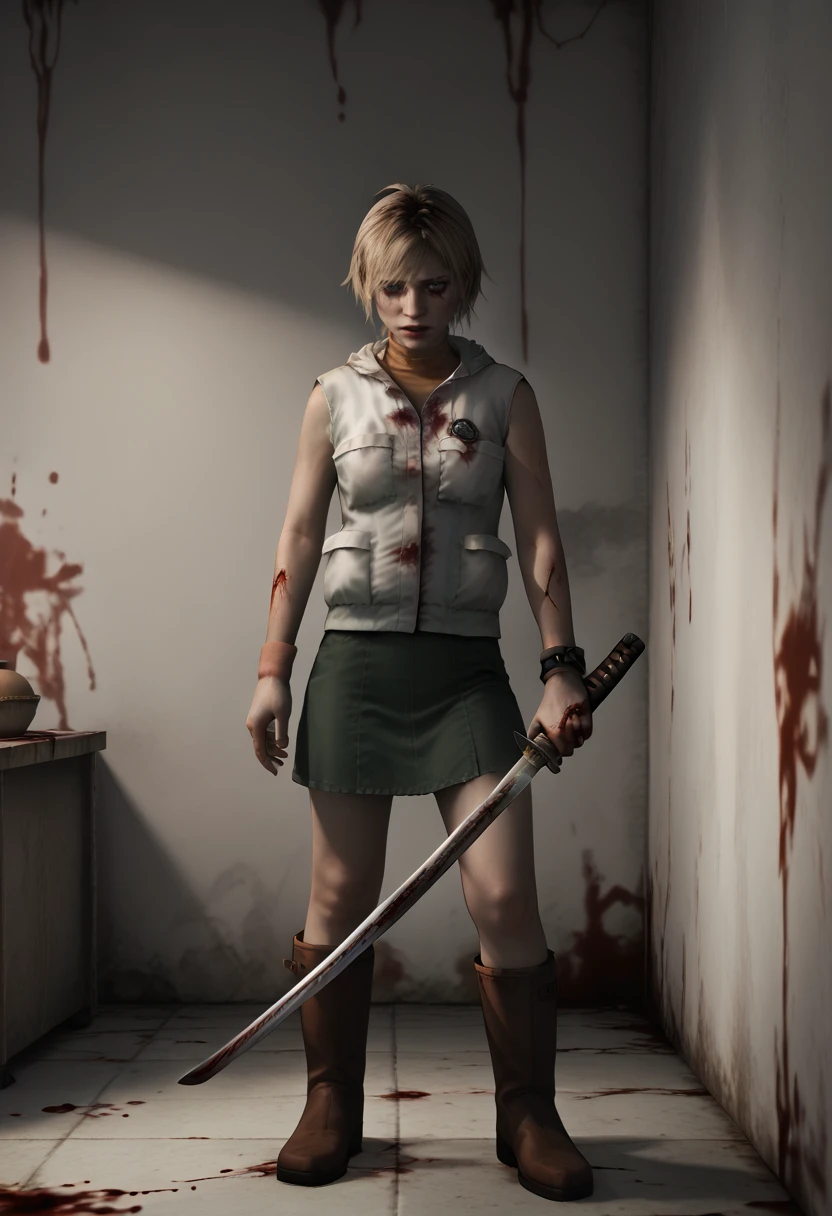 score_9, score_8_up, score_7_up, score_6_up,  BREAK ,  <lora:Heather_Silent_Hill_3:0.8>  sh3heather, blonde hair, sleeveless, vest, wristband, skirt, boots, warm light,   holding katana,  <lora:katana-setp1:0.1> full body,  <lora:SH3_BG_Bleeding_Walls:0.5> (bleeding walls, blood:1.3), dark, indoors,  <lora:dark:0.2> dark