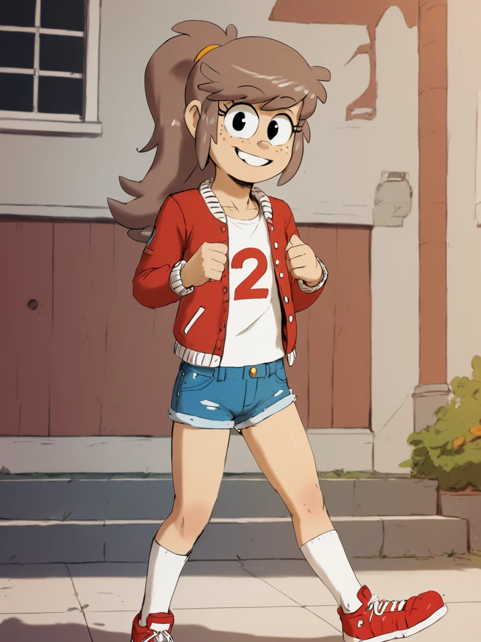 score_9, score_8_up, score_7_up, BREAK,  L4cyL0ud, 1girl, solo, child, long hair, brown hair, ponytail, freckles, white shirt, red jacket, denim shorts, white socks, red sneakers, smile, looking at viewer <lora:Lacy_Loud:1>