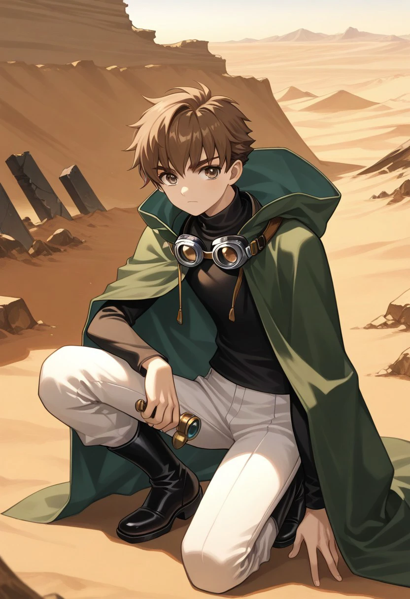 masterpiece, best quality, 
shaoran, 1boy, male focus, solo, brown eyes, brown hair, short hair, cloak, green cloak, hooded cloak, hood, goggles, goggles around neck, shirt, turtleneck, black shirt, pants, white pants, boots, black footwear, on one knee, holding 
outdoor, desert, ruins,