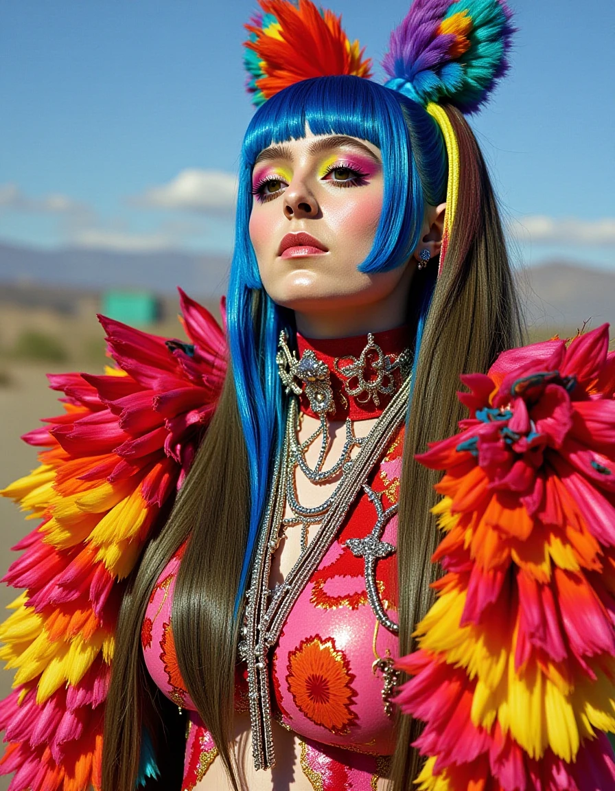 <lora:ashnikko-flux-000015:1> her, the, woman, and, has, blue, hair, ashnikko1 standing <lora:FLUX.1-DEV_-_Wild_1960s_Fashions_LoRA:1> 1960s, fashion shoot, extravagant, colorful outfit, beautiful model