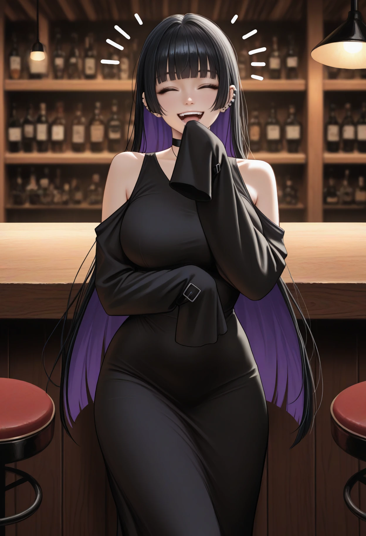 masterpiece, best quality, realistic, <break> solo, 1girl, p4s4n, ear piercing, lip piercing, :d, laughing, looking at viewer, standing, covering own mouth, notice lines, colored inner hair, black hair, purple hair, hime cut, closed eyes, long dress, black dress, shoulder cutout, sleeves past fingers, black choker, bare shoulders, large breasts, indoors, bar \(place\)
<segment:yolo-Anzhc Face seg 640 v2 y8n.pt,0.4,0.5//cid=1>